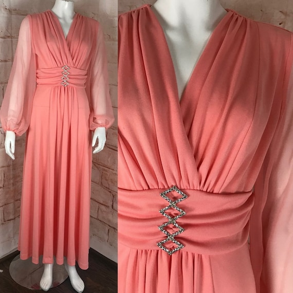 Vintage 70s Peach Sheer Chiffon Sleeves Draped M M