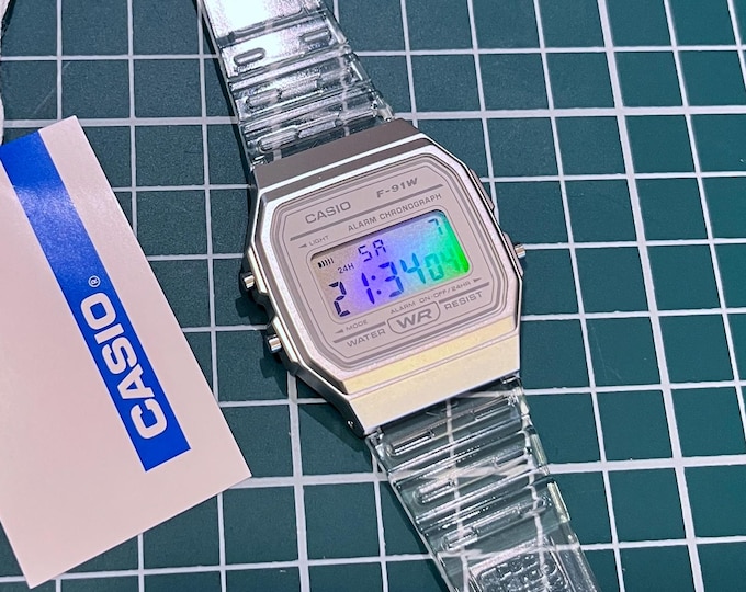 Iridescent Modified Watch Based on Casio F-91W – Custom Digital Watch with Holographic Screen