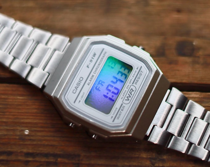 Iridescent Modified Watch Based on Casio F-91W – Custom Digital Holographic Watch & Stainless Steel Strap