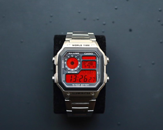 Silver CASIO Royale AE-1200 Watch with Crimson Red Colour Modification