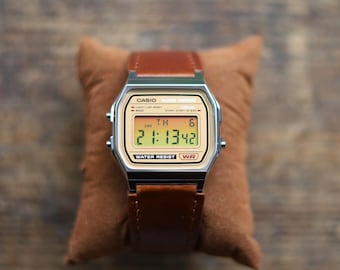 Casio A158 Sports Watch with Sunset Filter Mod and Custom Brown Leather Strap