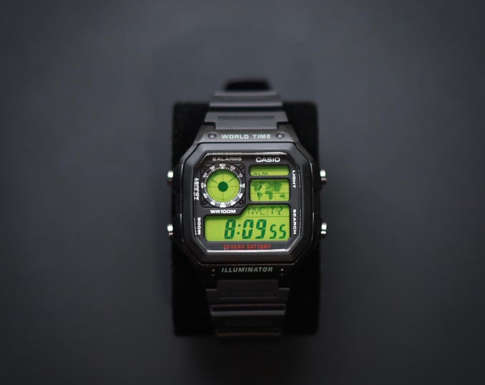 Black CASIO Royale AE-1200 Watch with Volt Green Colour Modification and Black Rubber Strap