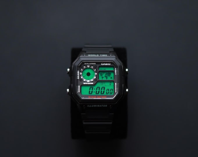 Black CASIO Royale AE-1200 Watch with Green Colour Modification and Black Rubber Strap