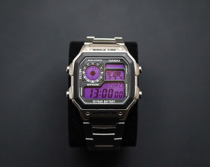 Silver CASIO Royale AE-1200 Watch with Purple Colour Modification