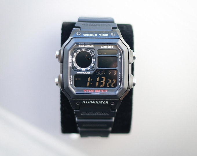 Stealth Black Casio Royale AE-1200 Watch with Photonegative LCD Modification