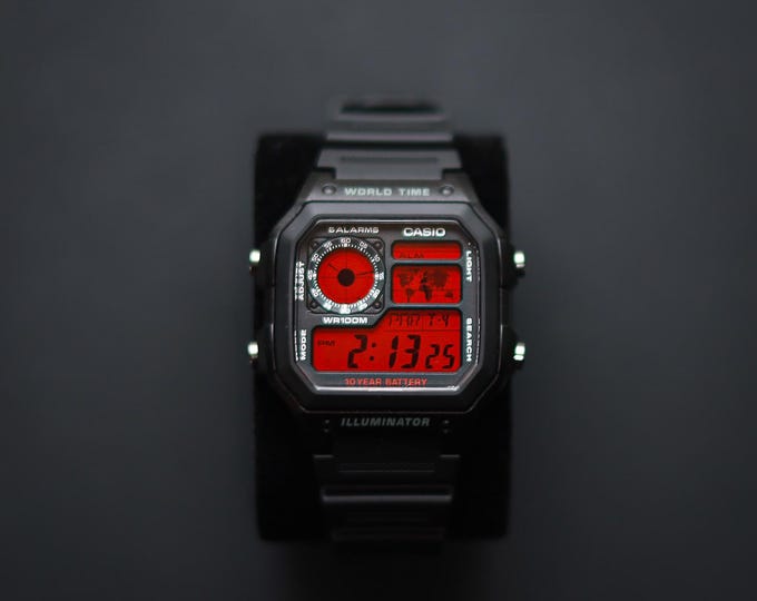 Black CASIO Royale AE-1200 Watch with Red Colour Modification and Black Rubber Strap