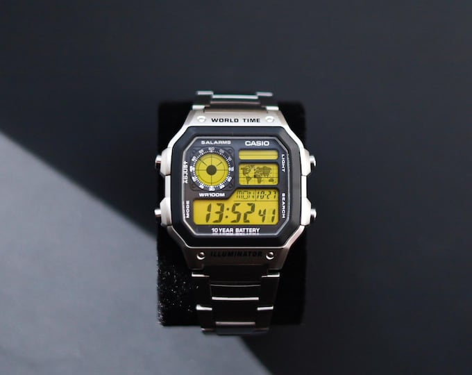 Silver CASIO Royale AE-1200 Watch with Yellow Colour Modification