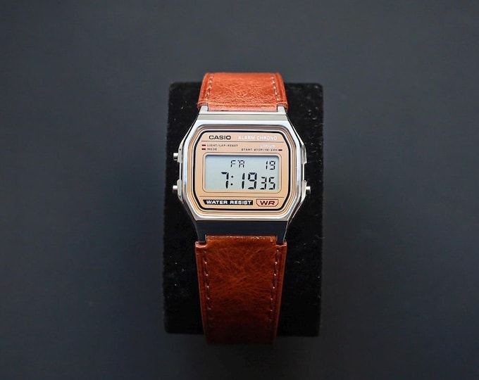 Casio A158 Sport Watch with Custom Brown Leather Strap.