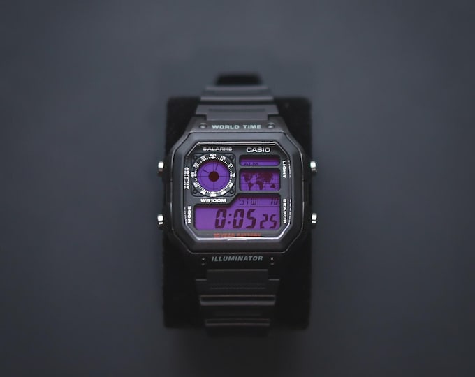 Black CASIO Royale AE-1200 Watch with Purple Colour Modification and Black Rubber Strap