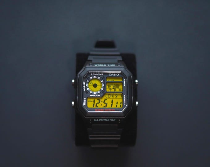 Black CASIO Royale AE-1200 Watch with Yellow Colour Modification and Black Rubber Strap