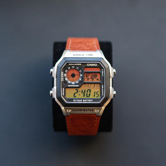 Casio AE-1200 Watch With Custom Brown Leather Strap and Sunset