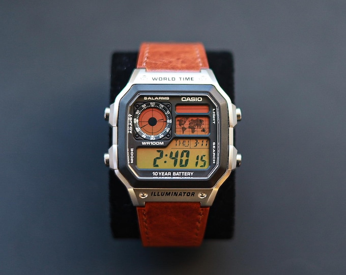 Casio AE-1200 Royale Illuminator Watch with Sunset Orange/Yellow Colour Mod and Custom Brown Leather Strap