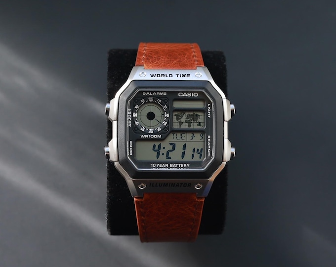 Silver CASIO Royale AE-1200 Watch with Brown Leather Strap