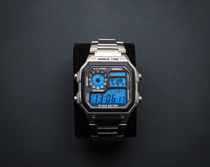 Silver CASIO Royale AE-1200 Watch with Blue Colour Modification