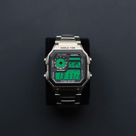 Silver CASIO Royale AE-1200 Watch With Green Colour Modification