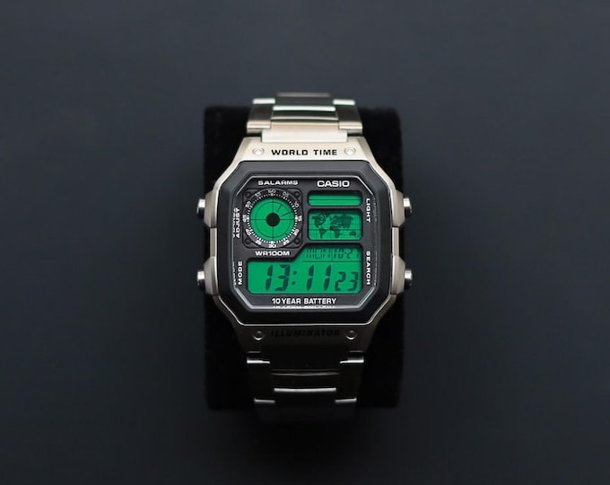Silver CASIO Royale AE-1200 Watch with Green Colour Modification