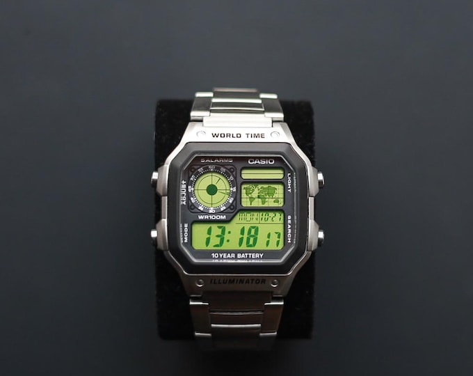 Silver CASIO Royale AE-1200 Watch with Volt Green Colour Modification