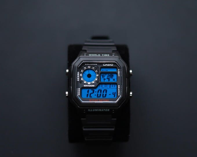 Black CASIO Royale AE-1200 Watch with Blue Colour Modification and Black Rubber Strap