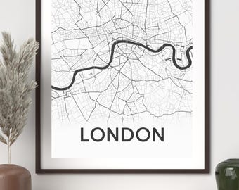 London City Map Print, Minimalist Wall Art, Black and White Street Map Poster, Scandinavian City Decor, Printable Art