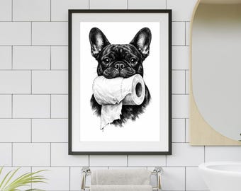 Divertido póster de bulldog francés para baño, impresión de perro en blanco y negro, póster moderno de bulldog francés, decoración de baño imprimible