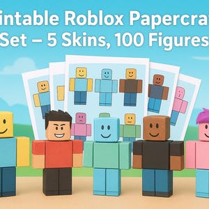 Könnte beinhalten: Ein Set ausdruckbarer Roblox-Papierfiguren mit 5 Skins und 100 Figuren. Die Figuren sind in verschiedenen Farben gehalten, darunter Gelb, Rot, Blau, Braun und Rosa. Der Hintergrund ist ein blauer Himmel mit Wolken. Der Text lautet: Druckbares Roblox-Papierbastelset.