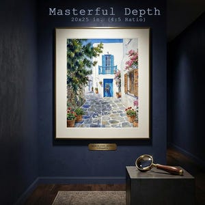 May include: A framed watercolour print titled "Masterful Depth" showing a Greek island street scene. The artwork, measuring 50.8 x 63.5 cm, features white buildings with blue doors and windows, cobblestone streets, and colourful potted flowers.