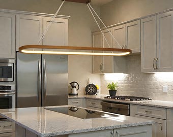 Lámpara colgante de madera artesanal – Lámpara LED lineal regulable para comedor, cocina y sala de estar – Lámpara de techo moderna