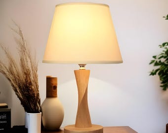 Modern Wooden Table Lamp – Solid Oak Base with Fabric Shade, Warm White Light