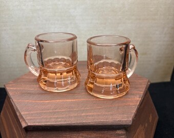 Vintage Federal Glass Set of 2 Peach Pink Glass Mini Mugs