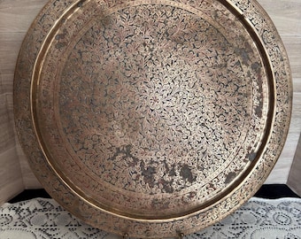 Vintage Etched Brass Floral Serving Tray | Ornate Middle Eastern Decor