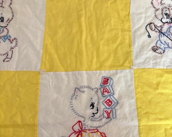 Vintage Hand-Embroidered Baby Quilt | Nursery Rhyme & Animal Embroidery | Handmade Crib Quilt