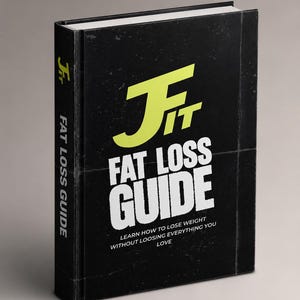 May include: A black book titled "Fit Fat Loss Guide." The cover features the word "Fit" in yellow, above "Fat Loss Guide" in white. The book's spine also displays the title. The tagline reads, "Learn how to lose weight without loosing everything you love."
