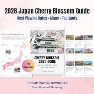 以下が含まれることがあります： 2026年の日本の桜の季節のデジタルガイド。ガイドには地図、おすすめスポット、ベストビューイングデートが含まれています。表紙には桜のある日本の建物の写真が掲載されています。