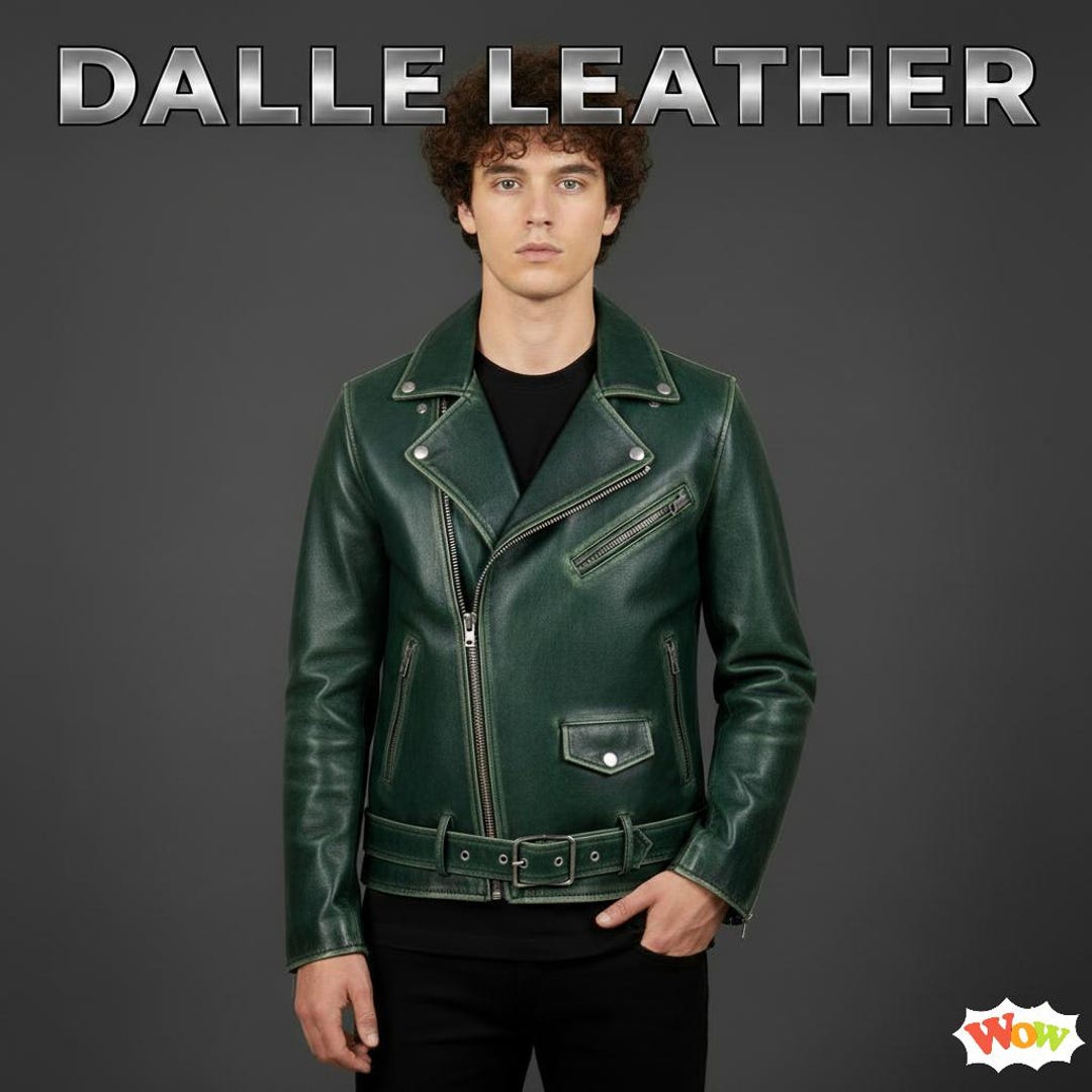 Mens Emerald Green Leather Biker Jacket, Handmade Genuine Leather