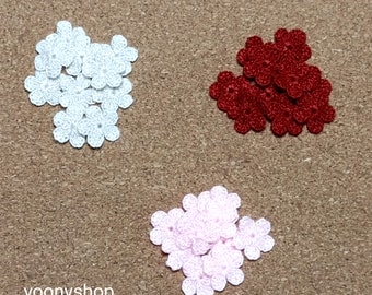 Set of 30 mini crochet flowers in cream, soft pink and wine red