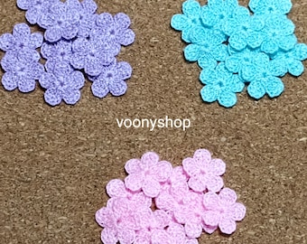 Set of 30 mini crochet flowers in pink, blue and purple