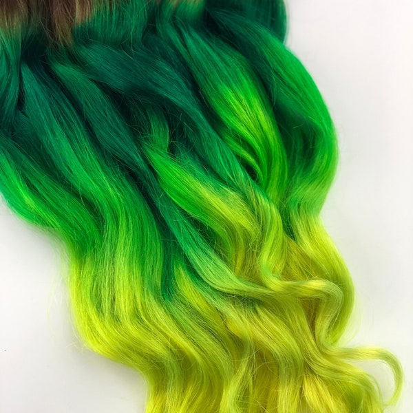 Green Hair St. Patrick’s Day Clip In Hair Extensions, Neon green yellow ombre hair, Emerald Green Hair Wefts, black light UV hair