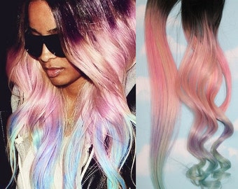 Light Pastel Dip Dyed Hair Clip In Hair Extensions Tie Dye