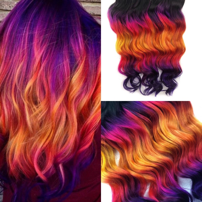 Fall Ombre Hair, Rainbow Dyed Hair, Clip In Hair Extensions, Hair Wefts, Human Hair Extensions, Bundle, purple gold tape ins image 1