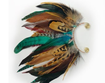 Handmade Ear Cuff, Clip on earring, Bohemian Ear Feathers, Festival Hair Accessory, Peacock Ear Cuff, Tribal Feather Earrings