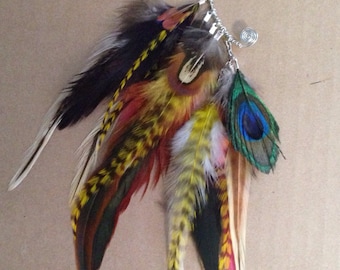 Handmade Ear Cuff, Clip on earring, Bohemian Ear Feathers, Festival Hair Accessory, Peacock Ear Cuff, Tribal Feather Earrings