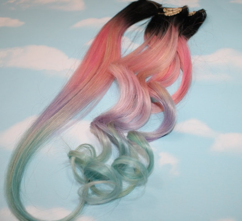 Light Pastel Dip Dyed Hair, Clip In Hair Extensions, Tie Dye Tips, Black Hair, Hair Wefts, Human Hair Extensions, girls unicorn clip in hair image 3