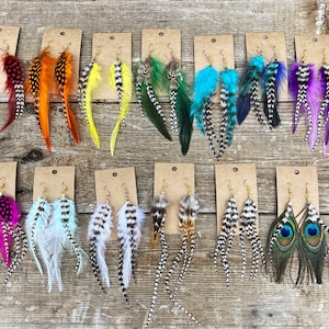 May include: Assortment of feather earrings displayed on cards. The earrings feature various colors and patterns, including black and white, red, orange, yellow, green, blue, purple, and peacock feathers.
