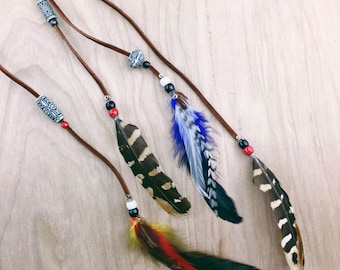Handmade Brown Leather Hippie Feather Headband, Tie Headband, Wear It Many Different Ways