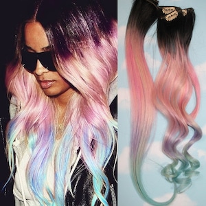 Light Pastel Dip Dyed Hair, Clip In Hair Extensions, Tie Dye Tips, Black Hair, Hair Wefts, Human Hair Extensions, girls unicorn clip in hair image 4