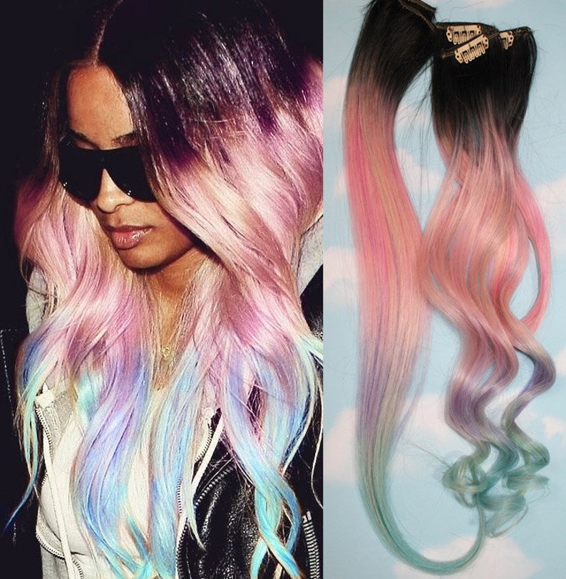 Light Pastel Dip Dyed Hair, Clip In Hair Extensions, Tie Dye Tips, Black Hair, Hair Wefts, Human Hair Extensions, girls unicorn clip in hair image 4