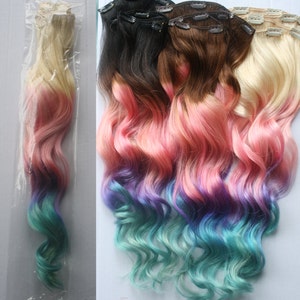 Full Set 100 grams, Bundle, Clip In Pastel Hair Extensions, Pink Hair, Hair Weave, Wide Tracks, Ombre Hair Extensions, Pink Hair, Mint Hair