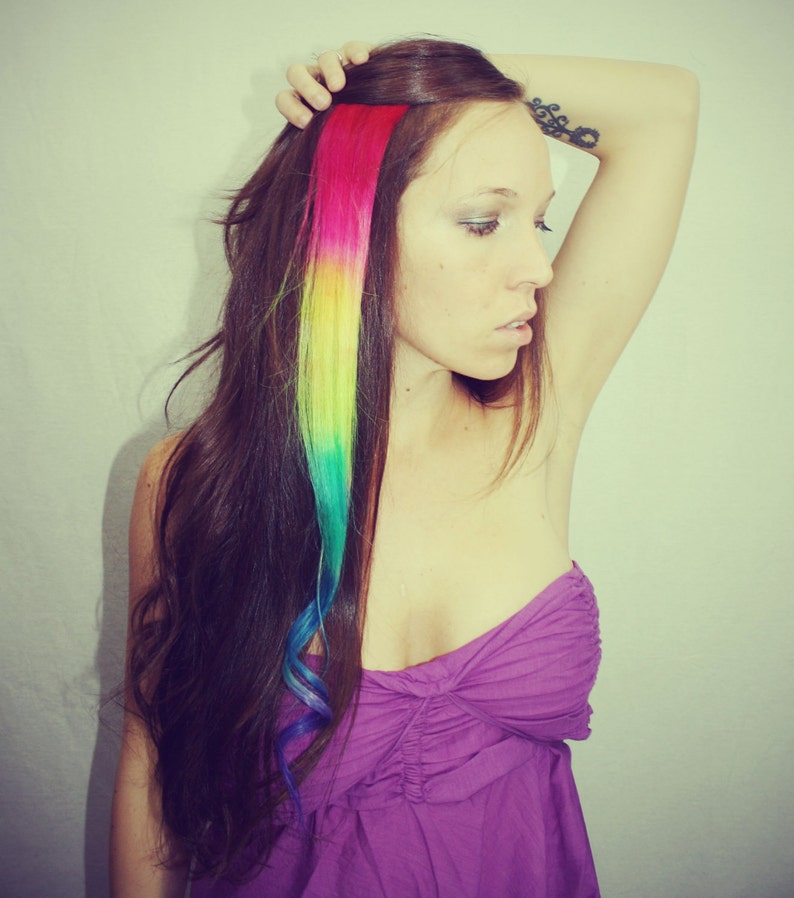 Rainbow Human Hair Extensions. Colored Hair Extension Clip, Hair Wefts, Clip in Hair, Tie Dye Hair Extensions, Dip Dyed Hair image 5