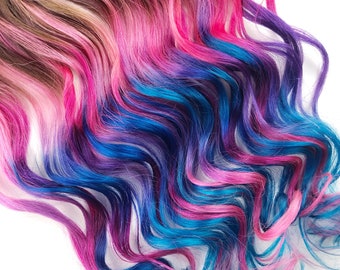 Pastel Tie Dye Tip Extensions, Dark Brown/Black, 22 inches long, Clip In Hair Extensions, Hippie Hair, Dip Dyed Tips