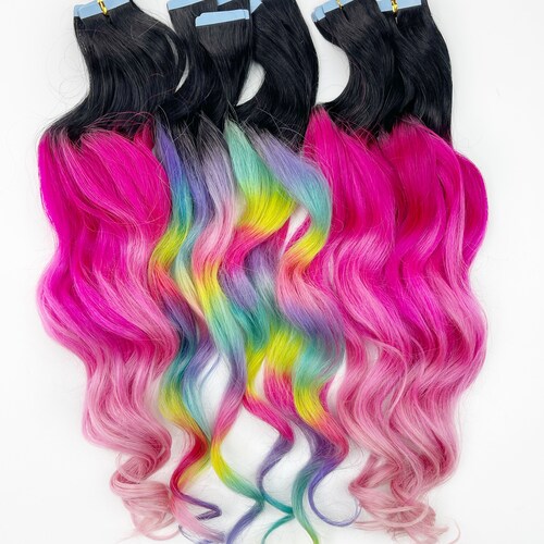 Pastel Prism Rainbow Clip In Hair Extensions, shops Pink Ombre Hair, Tie Dye Tips, Hair Wefts, Human Hair Extensions, tape in rainbow hair